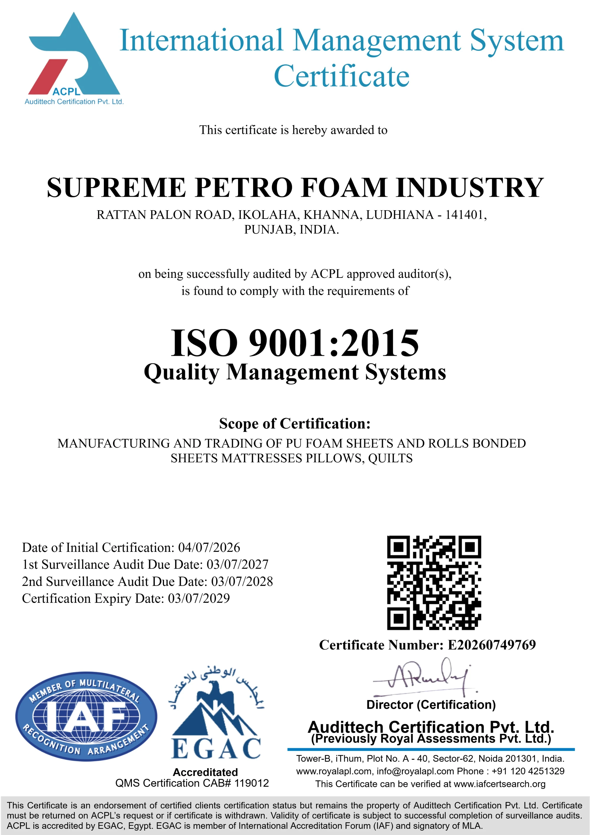 Supreme Petro Foam ISO 9001 Quality Certificate